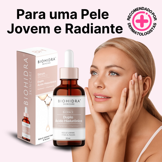 Sérum facial Biohidra Duplo Ácido Hialurônico com modelo mulher pele jovem e radiante