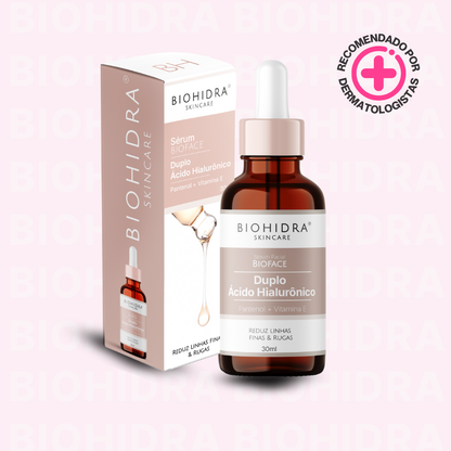 Frasco de sérum facial Biohidra Duo Ácido Hialurônico com embalagem ao fundo e selo recomendado por dermatologistas