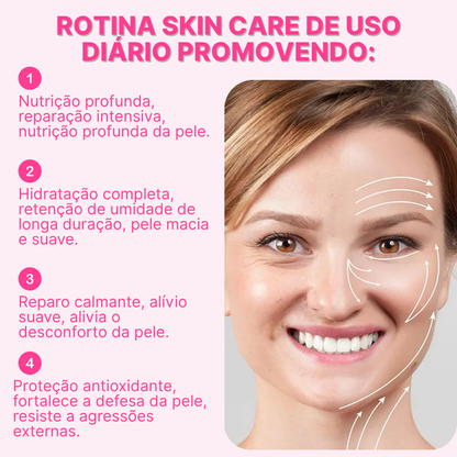 Rotina skincare diária promovendo nutrição, hidratação, reparo, proteção antioxidante para pele saudável