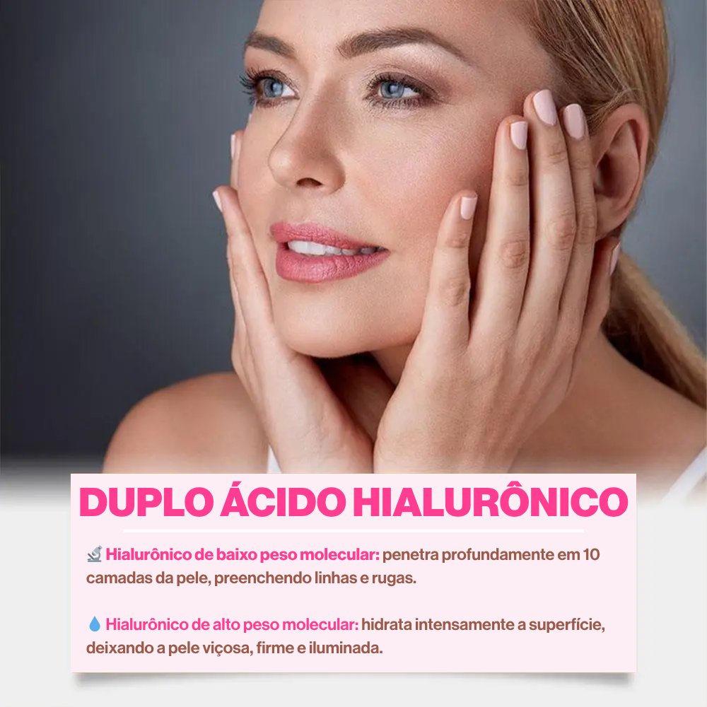 Mulher loira com pele viçosa tocando o rosto, texto sobre ácido hialurônico para hidratação e firmeza