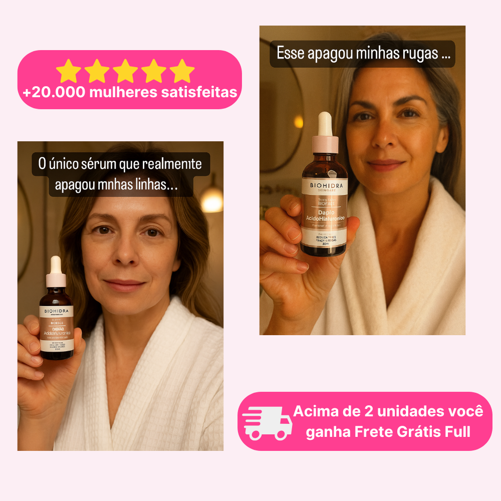 Mulheres maduras segurando séruns Biohidra Daplo Ácido Hialurônico para redução de rugas e linhas